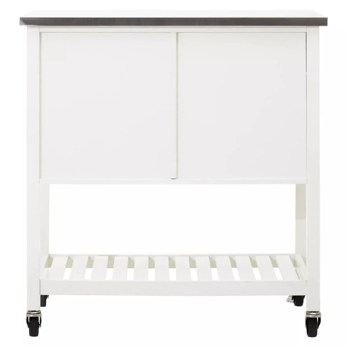 White kitchen trolley with black top, sliding doors, slatted lower shelf, and caster wheels
