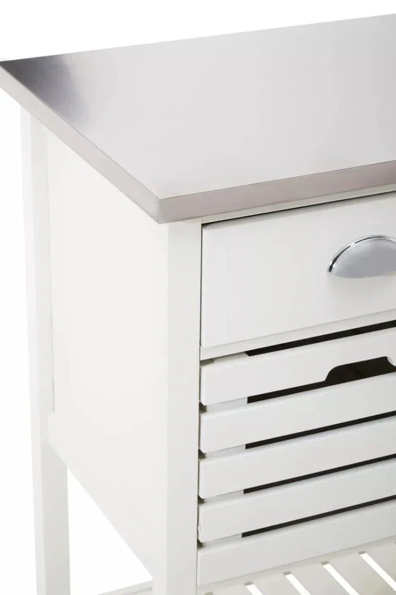 White kitchen trolley with stainless steel top, slatted drawer and storage basket close-up