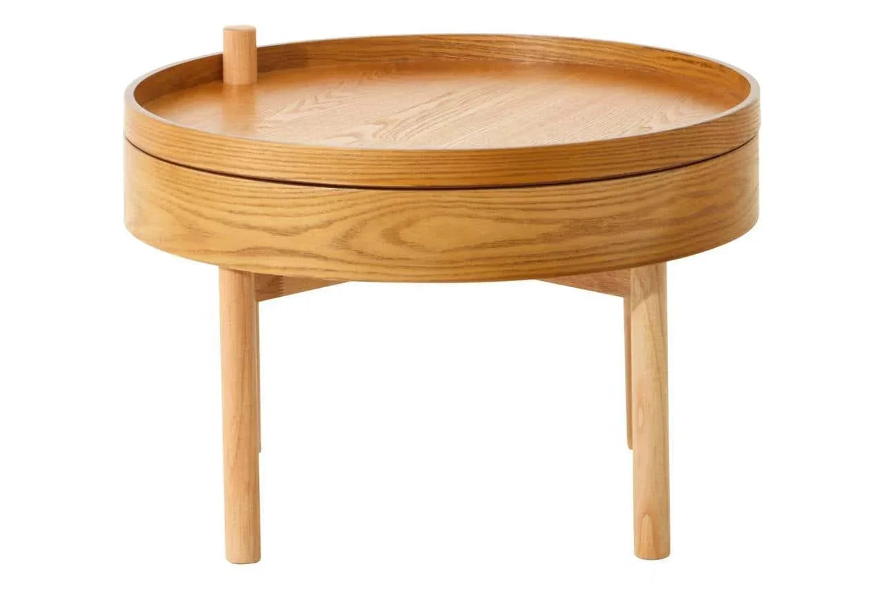 Round wooden coffee table with raised edge and three legs, natural oak finish