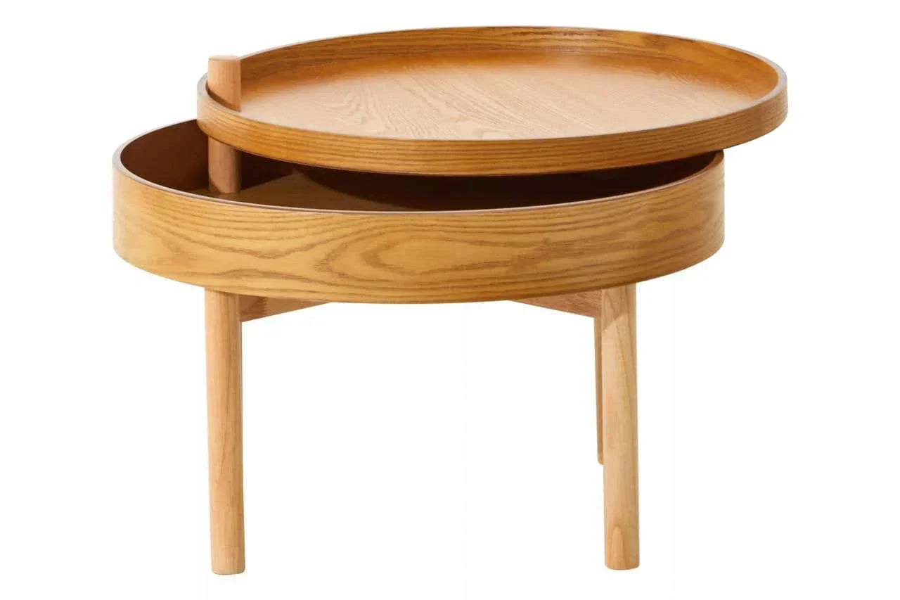 Round oak side table with sliding top and hidden storage compartment, light wood finish