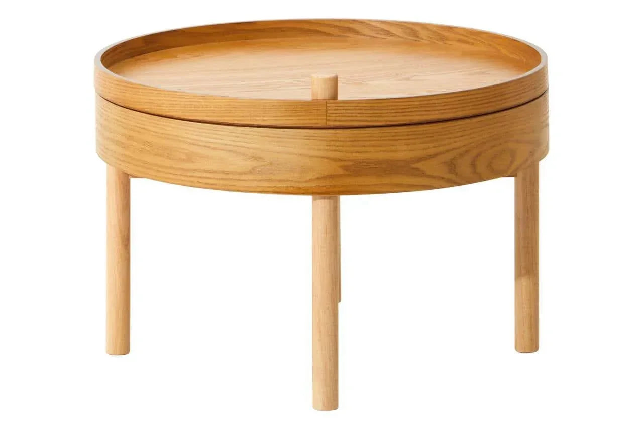 Round wooden side table with three legs and smooth natural finish