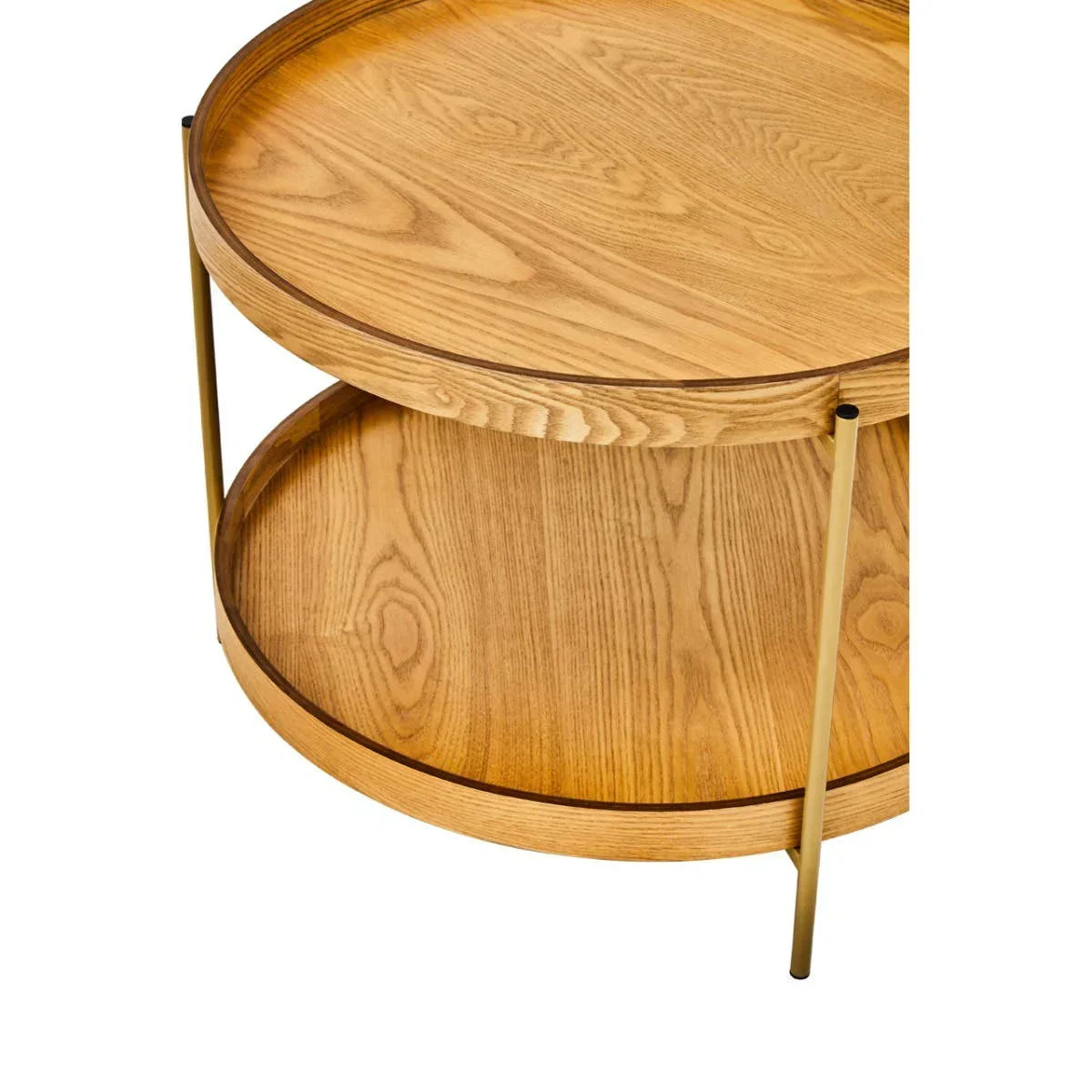 Round oak wood coffee table with lower shelf and gold metal legs, angled close-up view