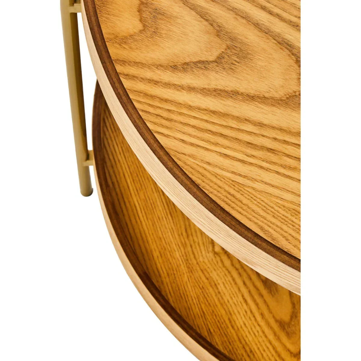 Close-up of round wooden side table with natural wood grain and metal frame detail