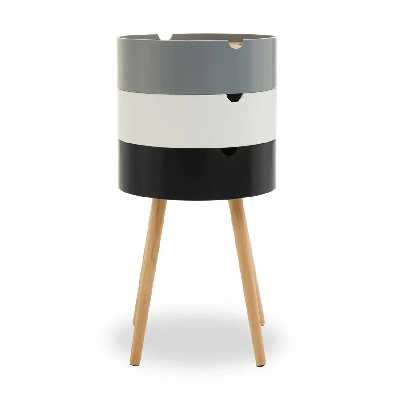 Modern side table with round grey, white, black drawers and wooden legs