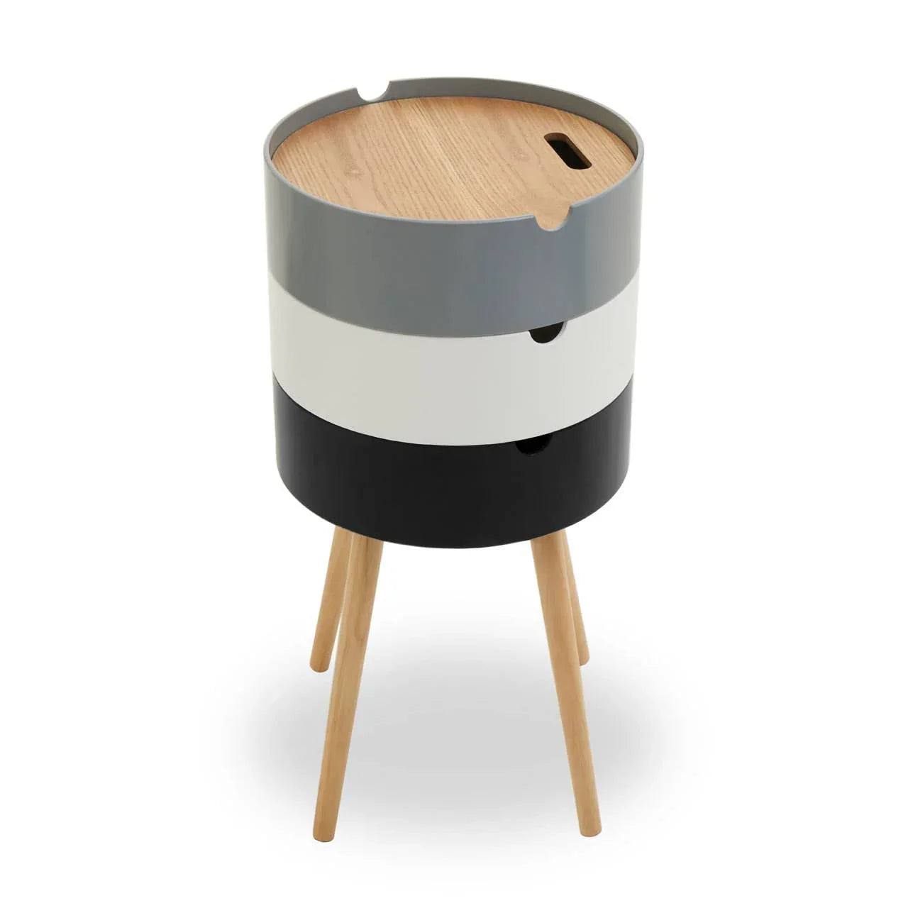 Modern tripod side table with grey, white, black storage and natural wood legs