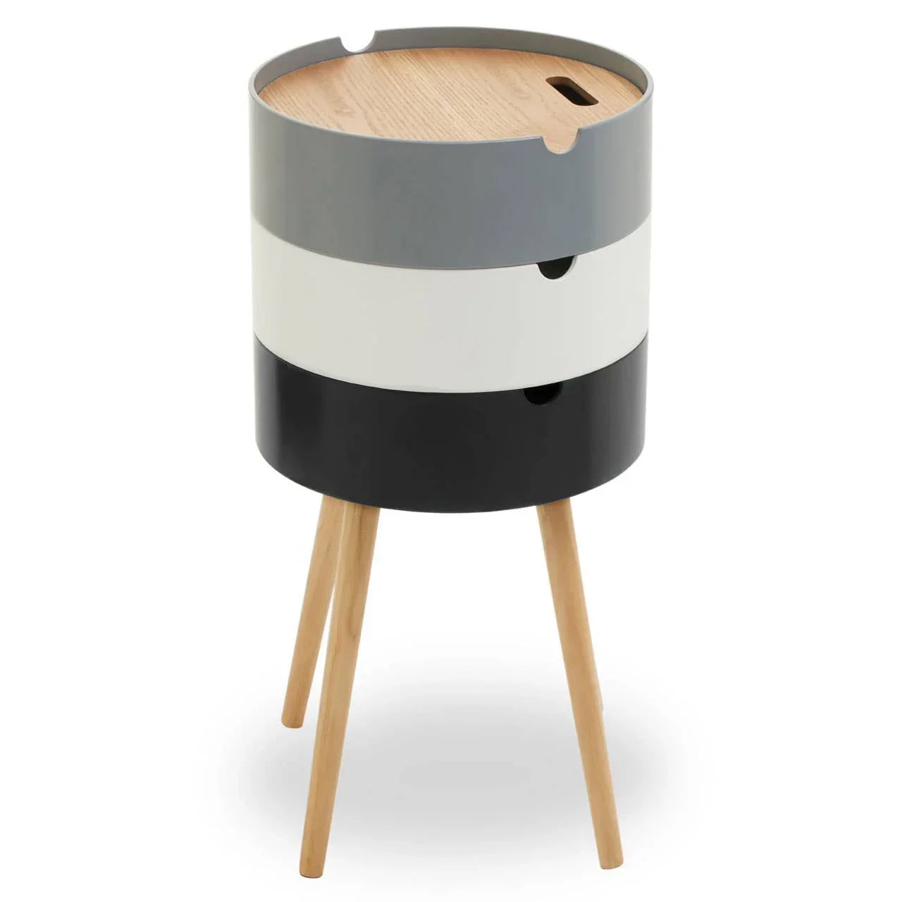 Modern side table with grey, white, and black drawers and wooden tripod legs