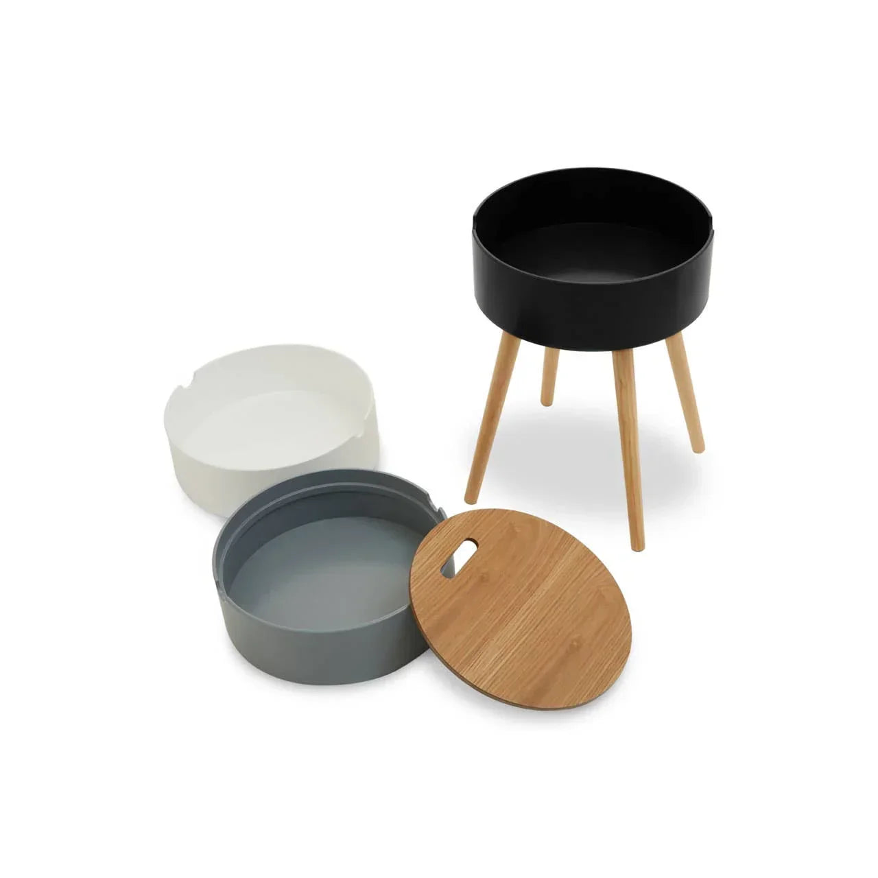 Round storage side table with black, white, and grey trays, wooden legs, removable wood lid