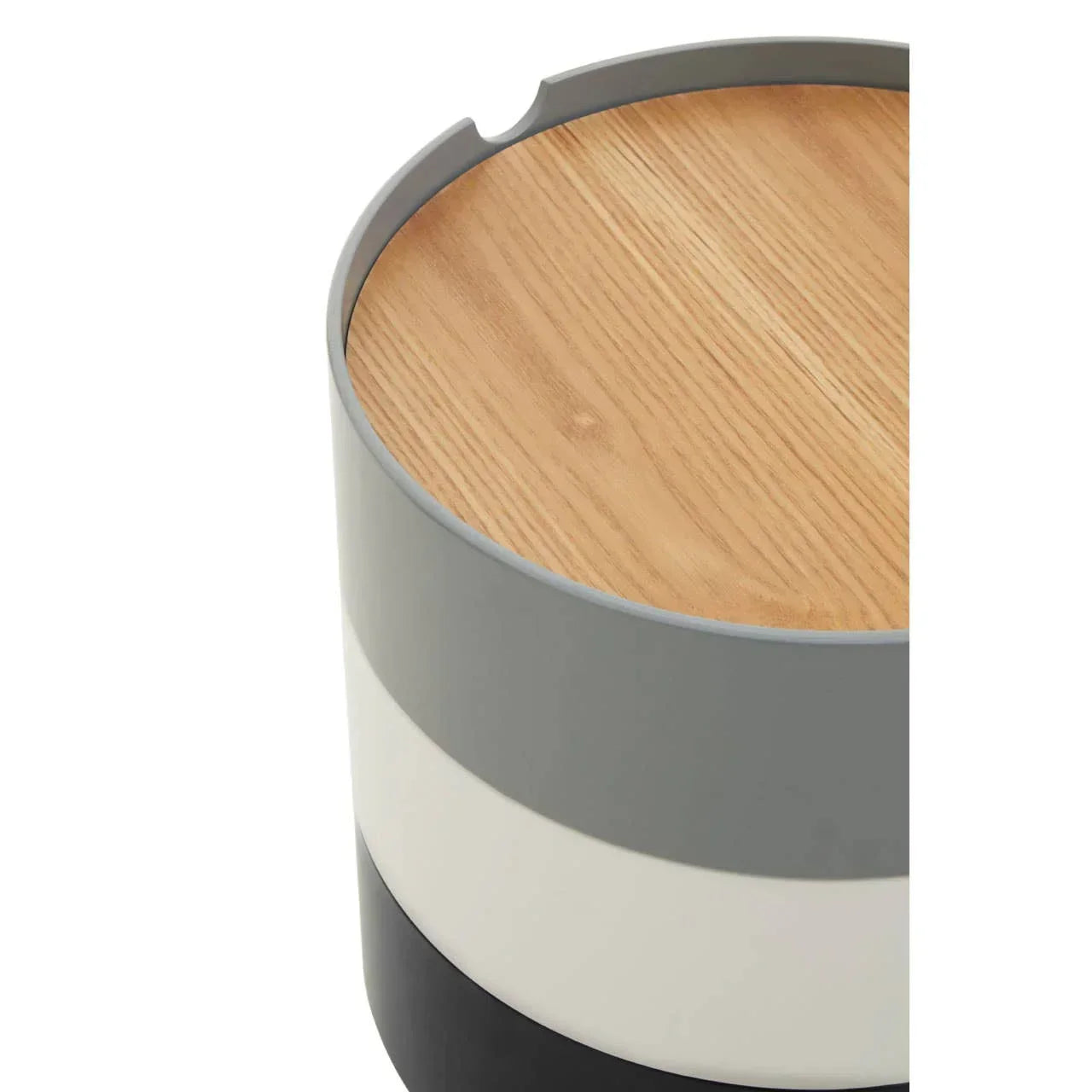 Round side table with wood top, gray, white and black striped base, close-up view