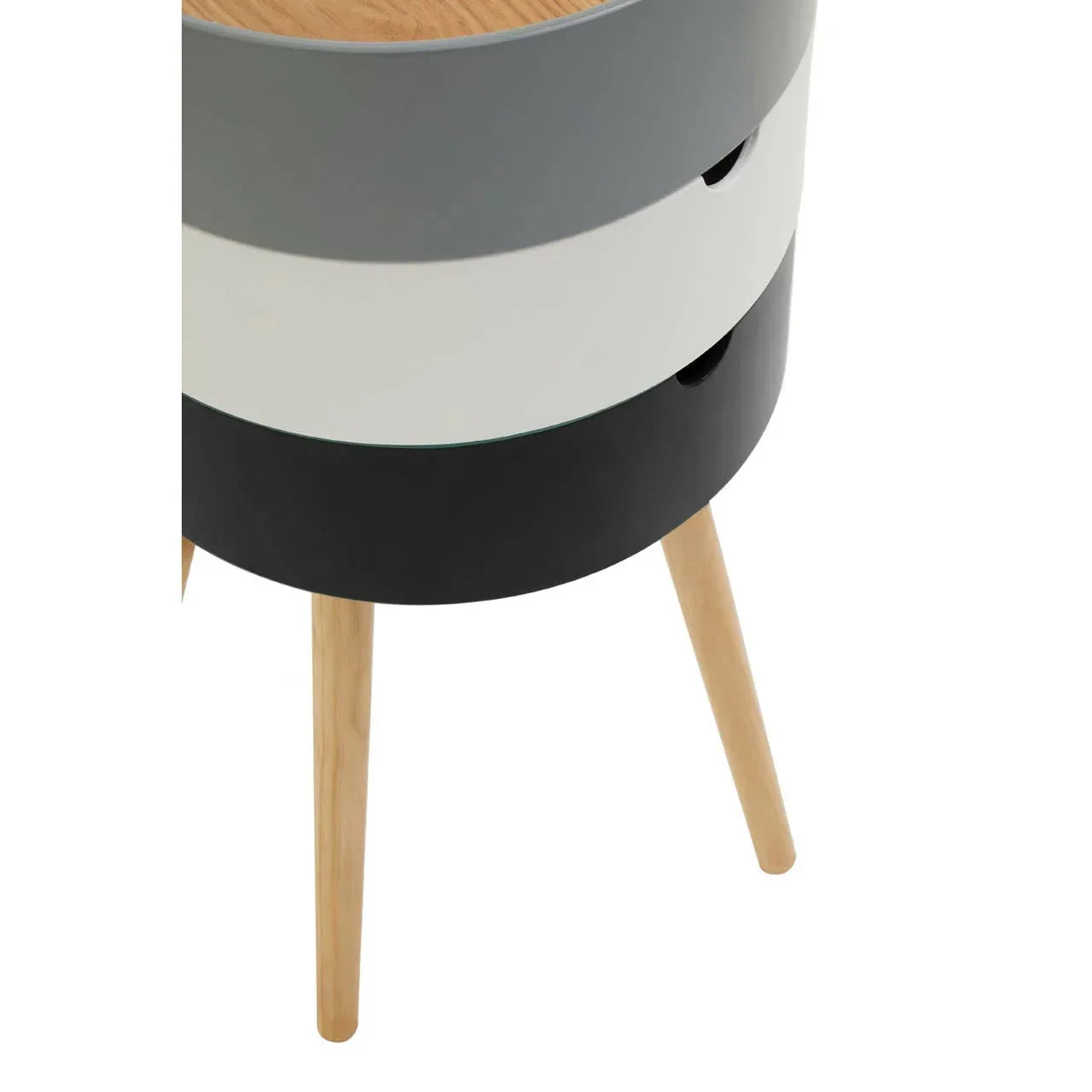 Modern bedside table with three-color drawers and wooden legs