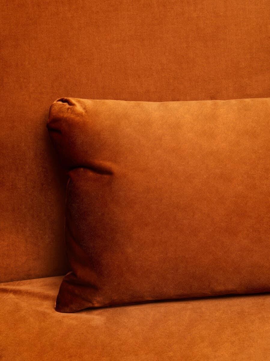 Burnt orange velvet sofa with matching cushion, close-up of upholstery texture