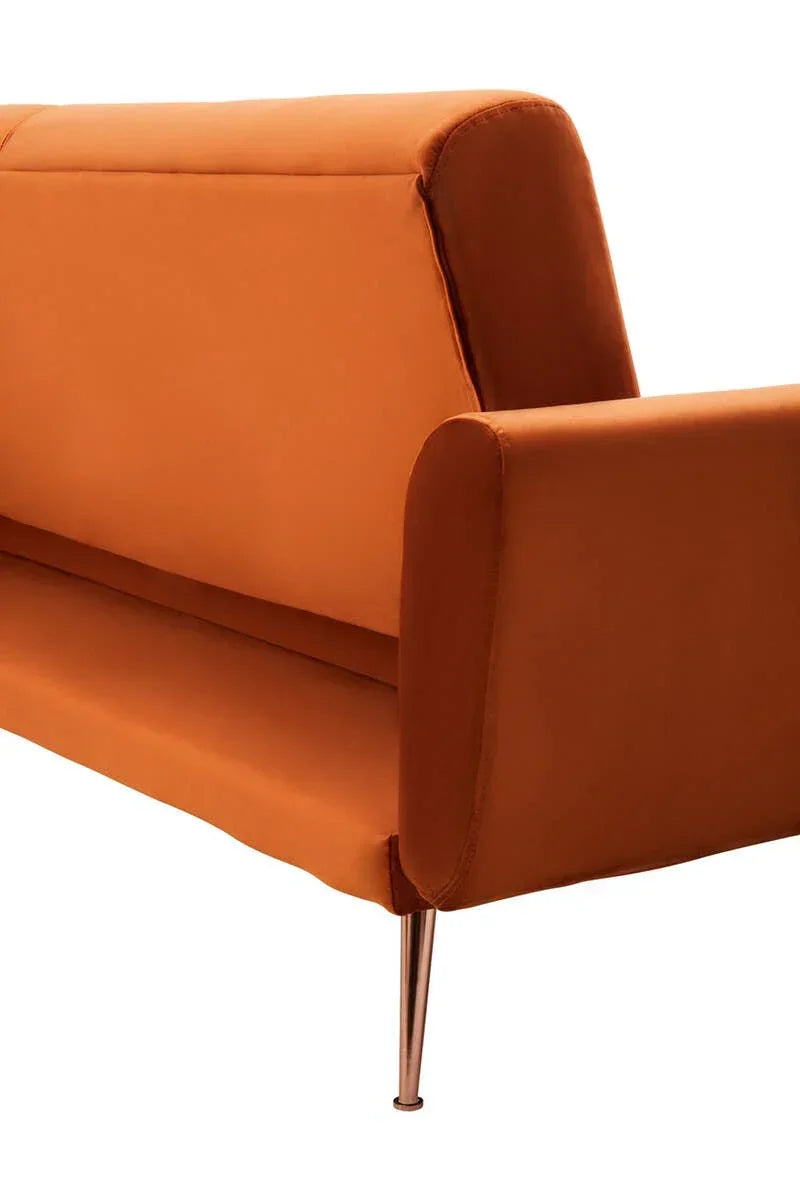 Rust orange fabric sofa with slim metal legs shown from rear side angle