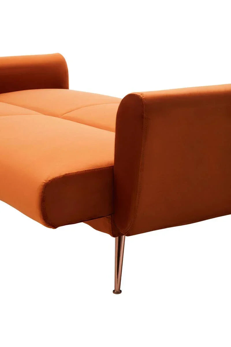 Orange sofa bed with metal legs, tufted seat and square armrest, side angle view