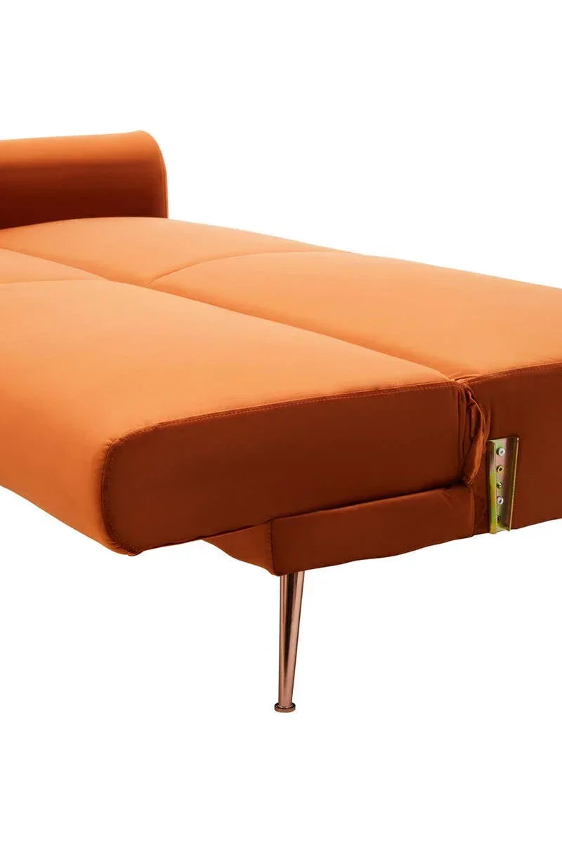 Orange fabric sofa bed with metal leg and visible stitched details, shown in extended position