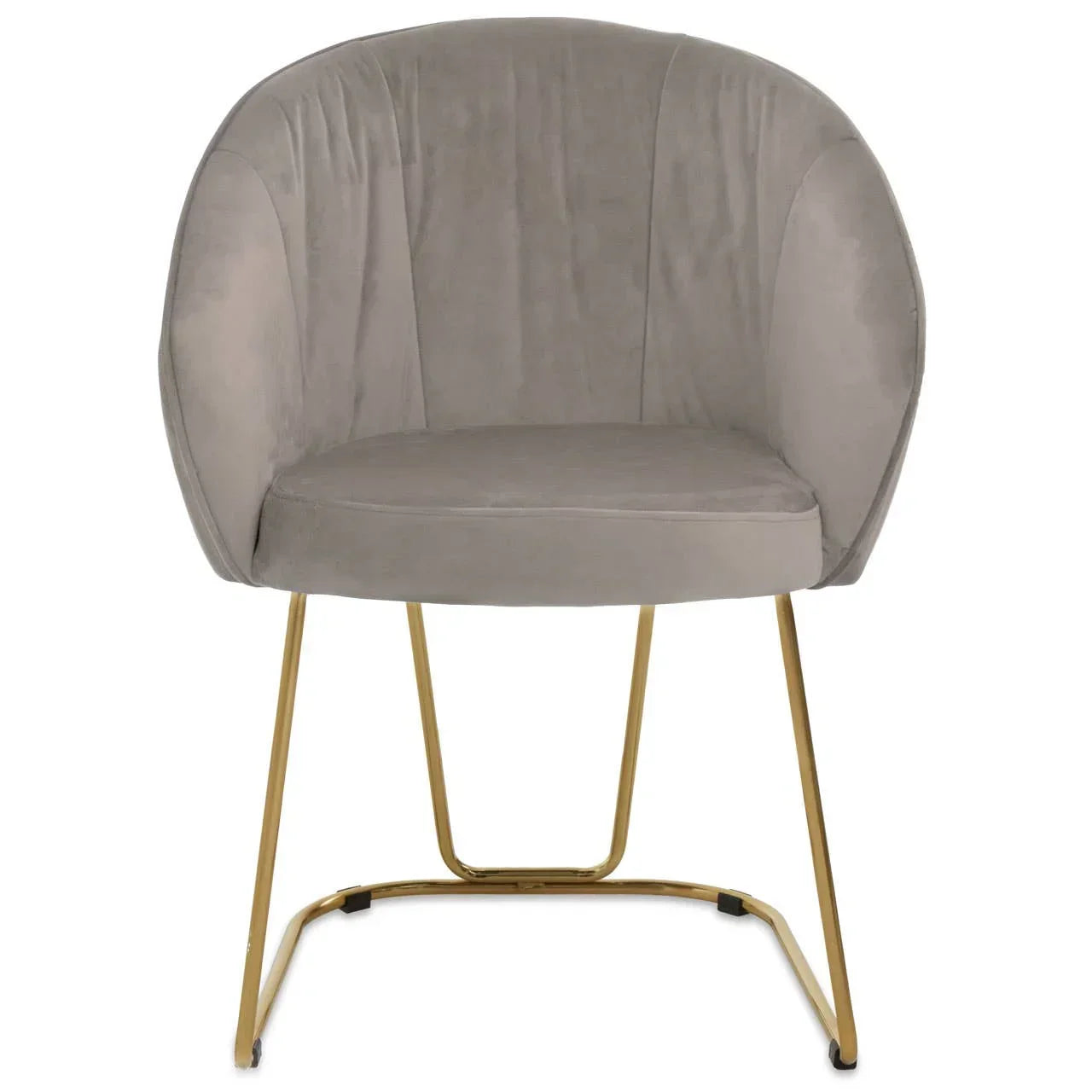 Grey velvet accent chair with curved back and gold metal legs, front view