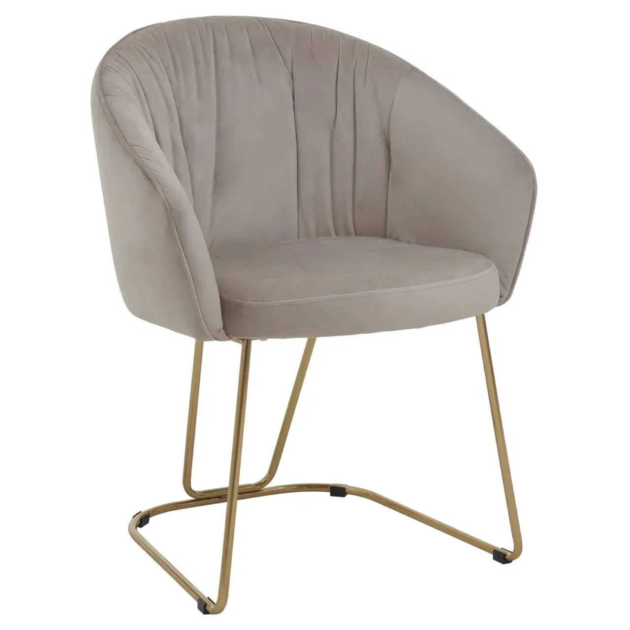 Beige velvet accent chair with curved back and gold metal legs on white background