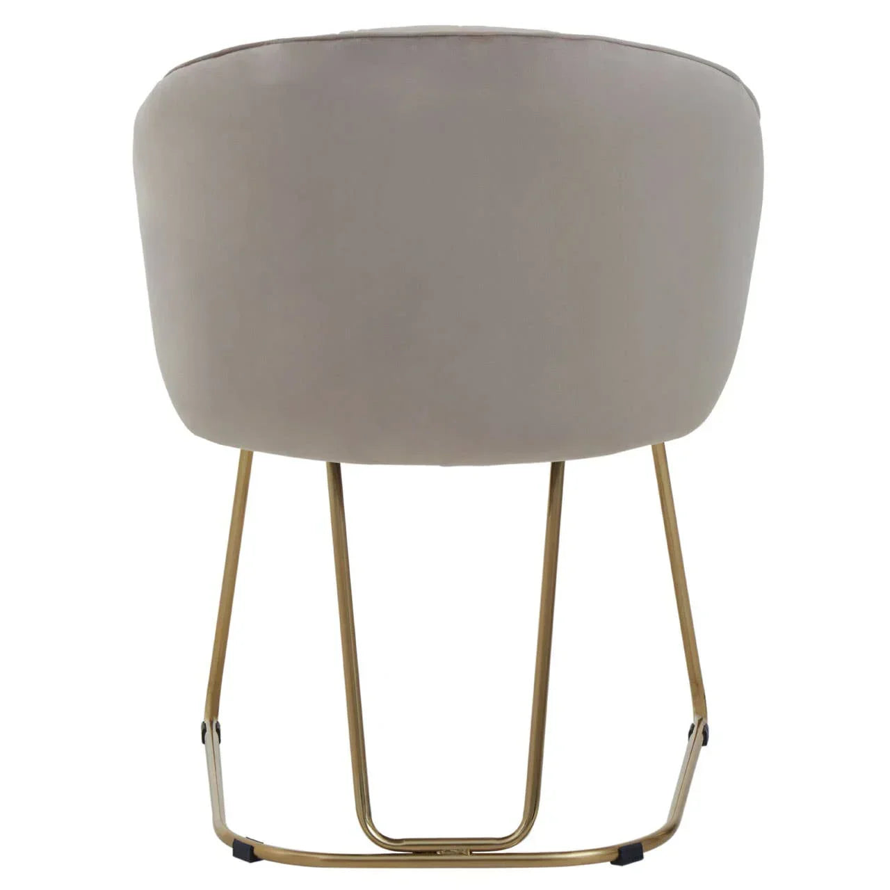 Beige velvet accent chair with curved back and gold metal legs, rear view