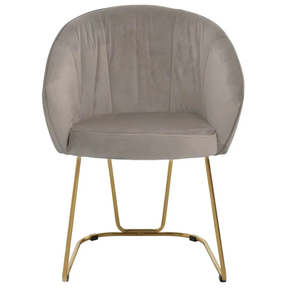 Grey velvet accent chair with curved backrest and gold metal legs, front view