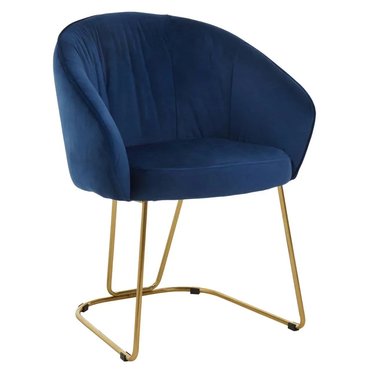 Blue velvet accent chair with gold metal legs and curved backrest, front angle view