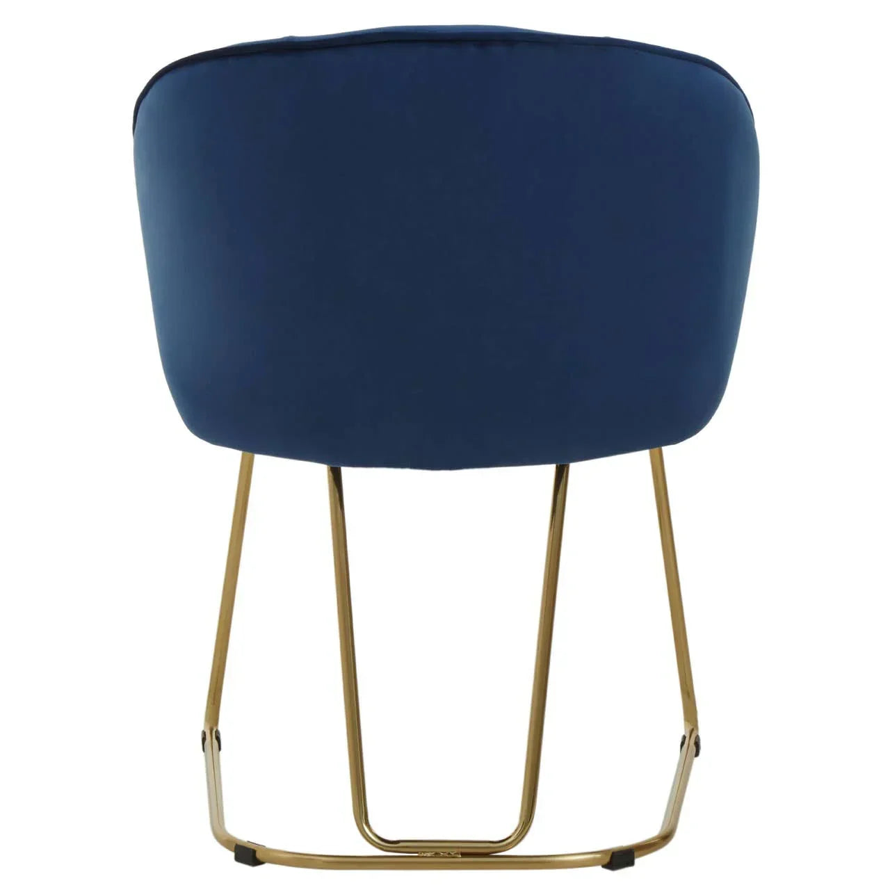 Rear view of blue velvet accent chair with gold metal legs
