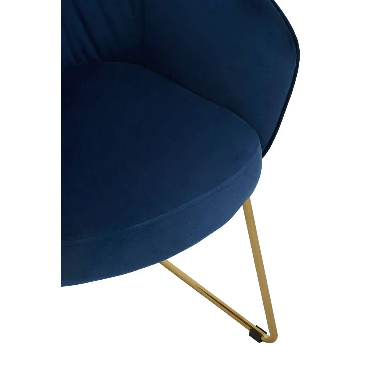 Close-up of navy blue velvet chair with gold metal leg and curved seat