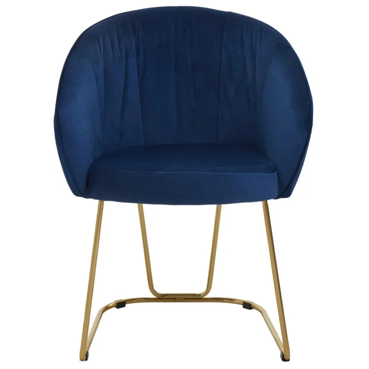 Blue velvet accent chair with gold metal legs, front view