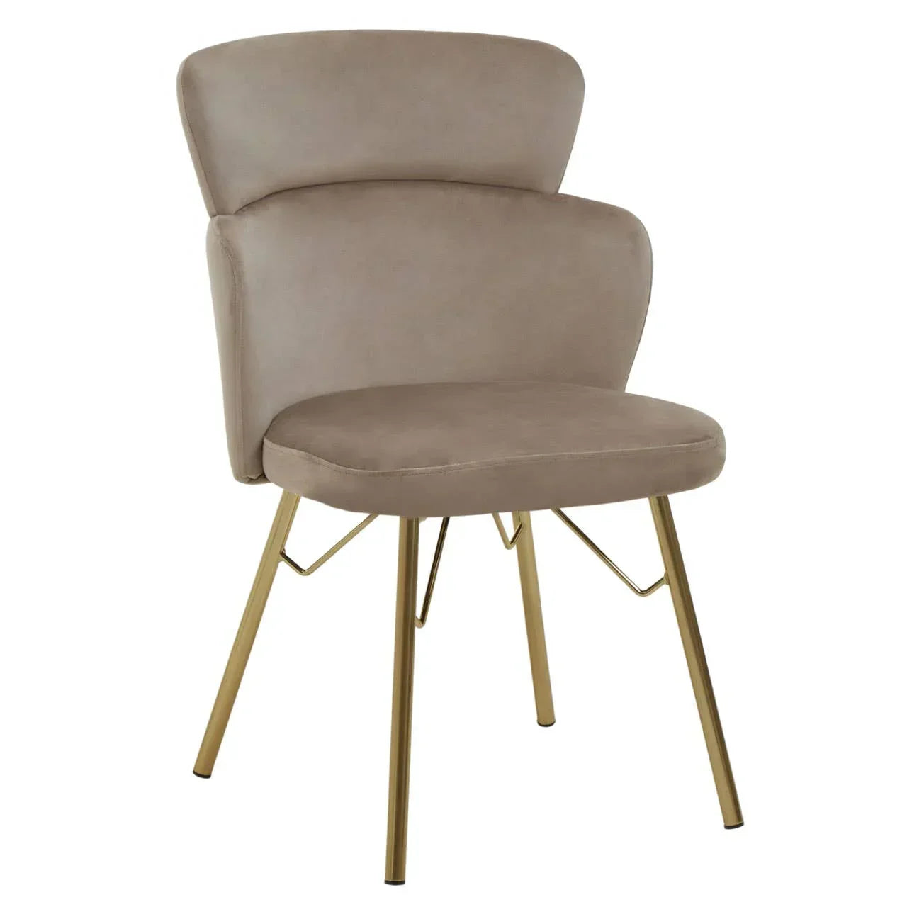 Taupe velvet dining chair with gold metal legs and curved backrest