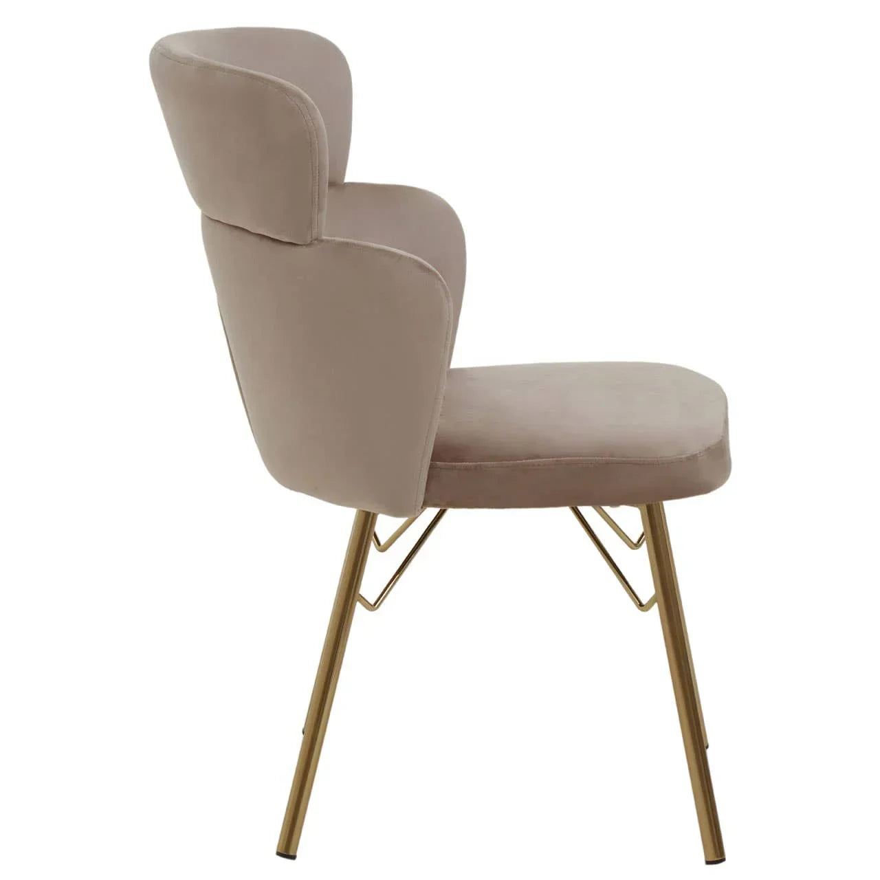 Velvet dining chair in beige with gold metal legs, side profile view