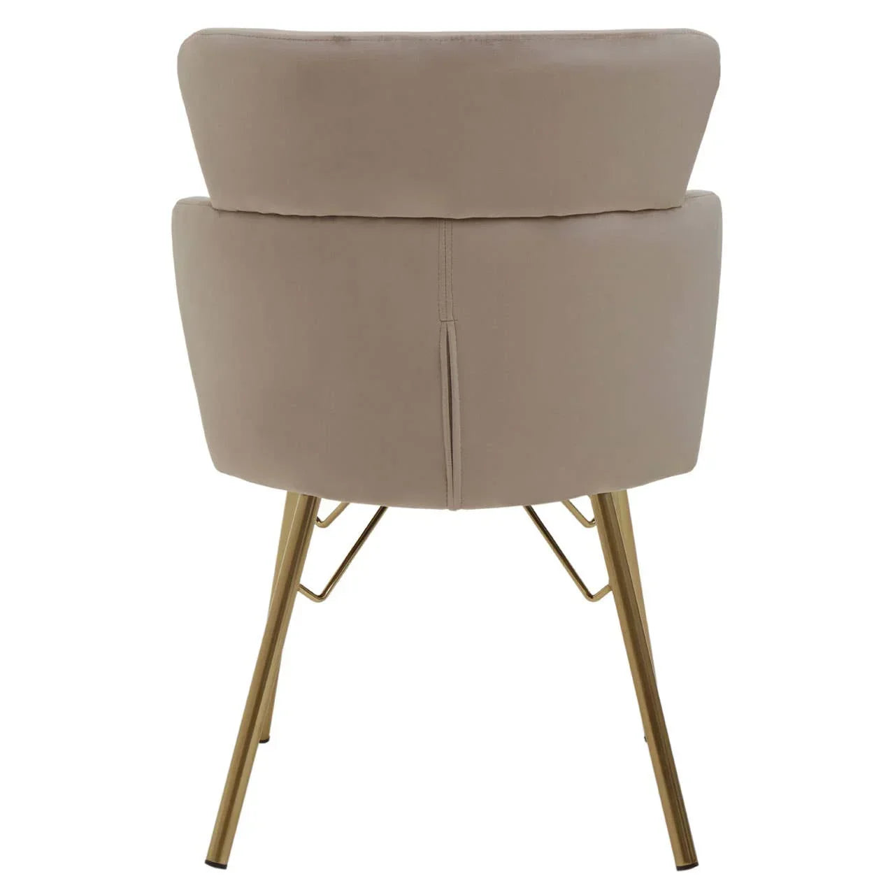 Beige accent chair with gold metal legs, rear view showing modern curved backrest