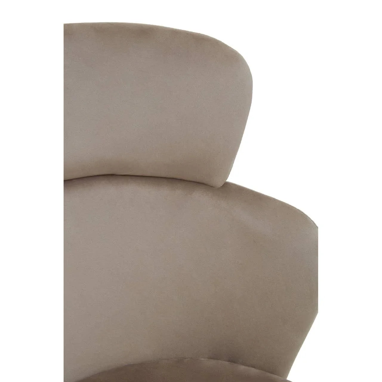 Close view of beige upholstered chair backrest and cushioned headrest
