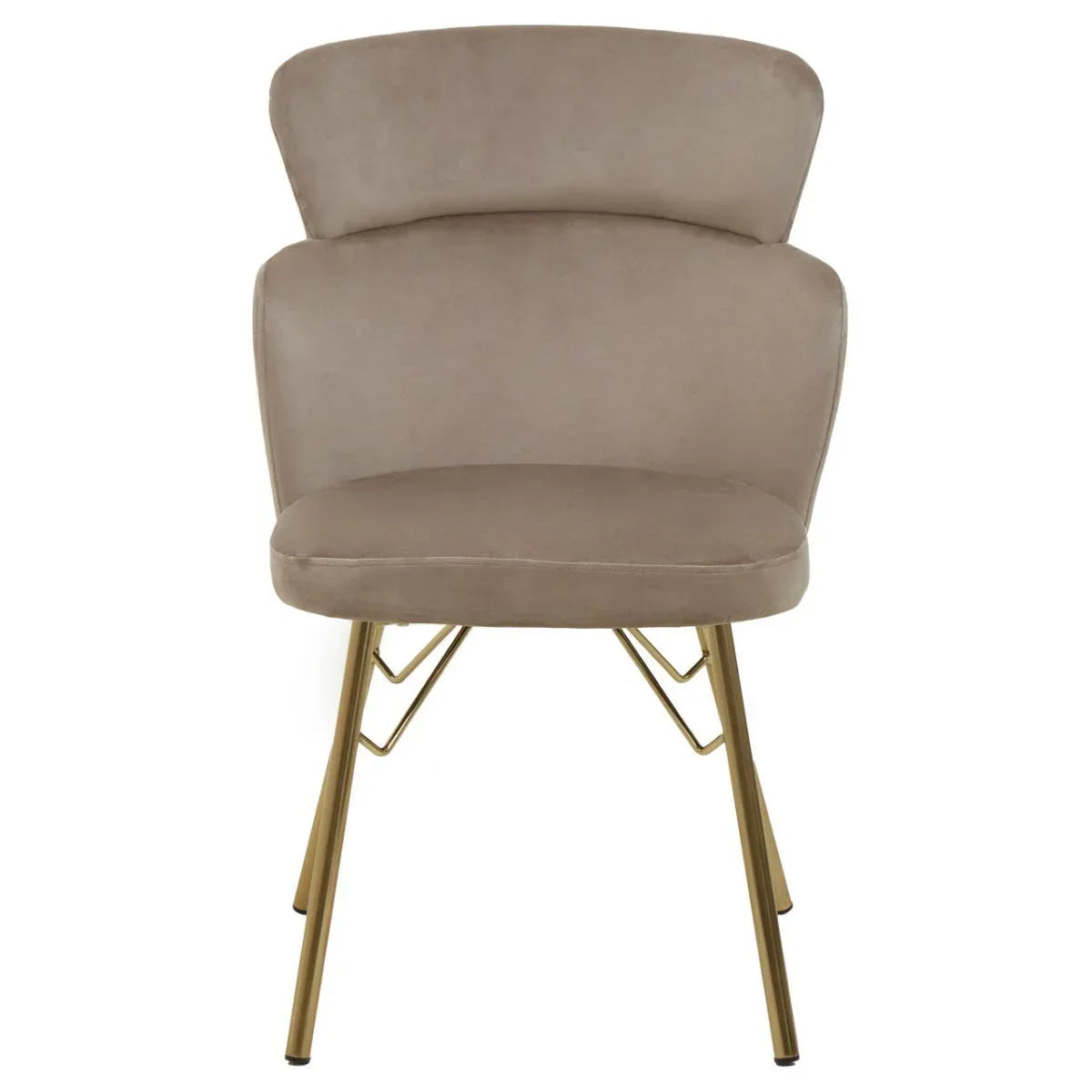 Taupe velvet dining chair with curved backrest and gold metal legs, front view