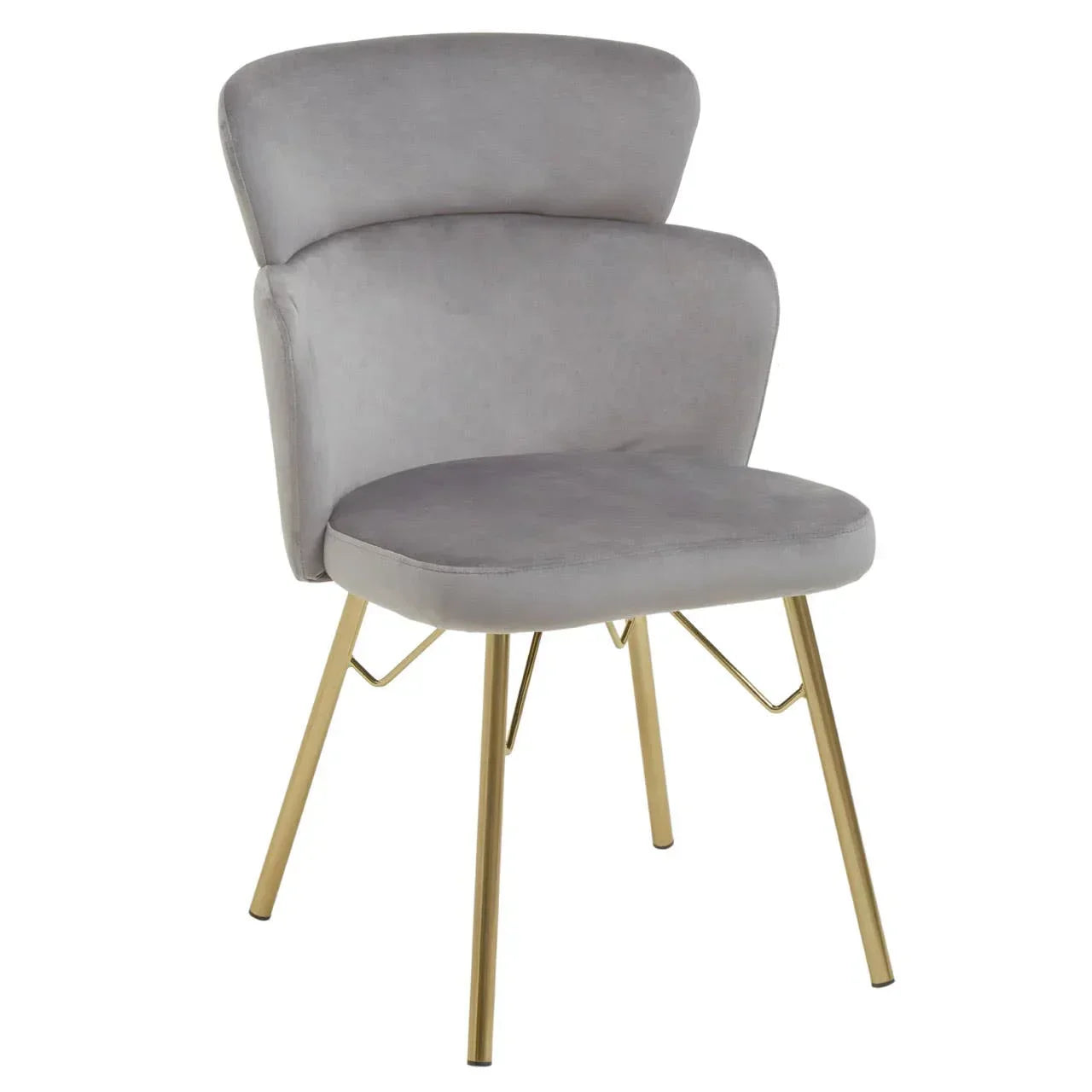 Grey velvet dining chair with gold metal legs and curved cushioned backrest