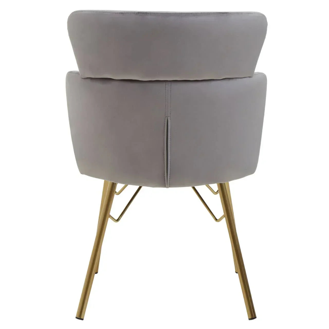 Grey velvet accent chair with gold metal legs, rear view highlighting curved backrest