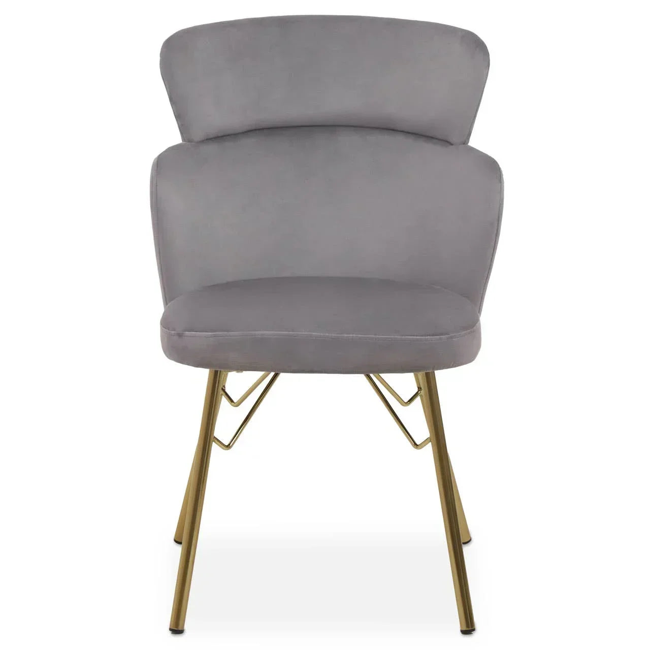Grey velvet accent chair with gold metal legs in front view