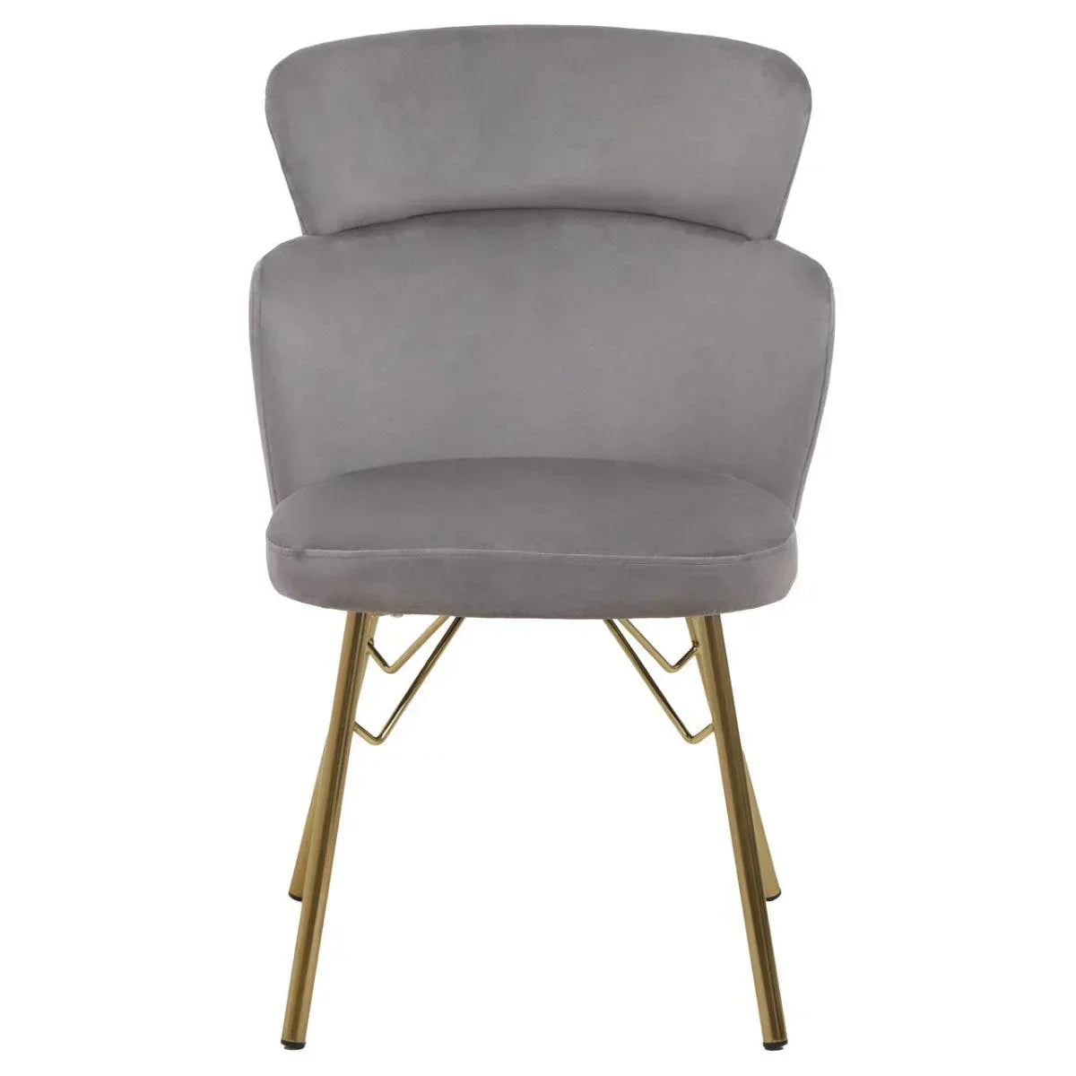 Grey velvet dining chair with gold metal legs, front view