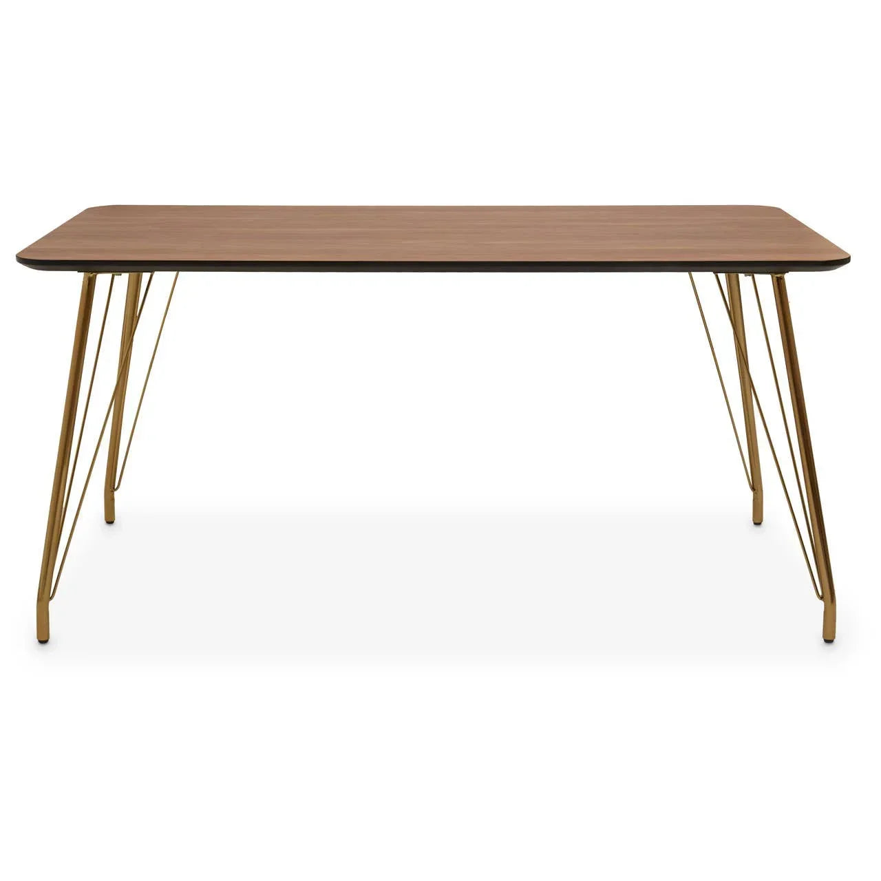 Rectangular wooden dining table with gold metal hairpin legs, front view