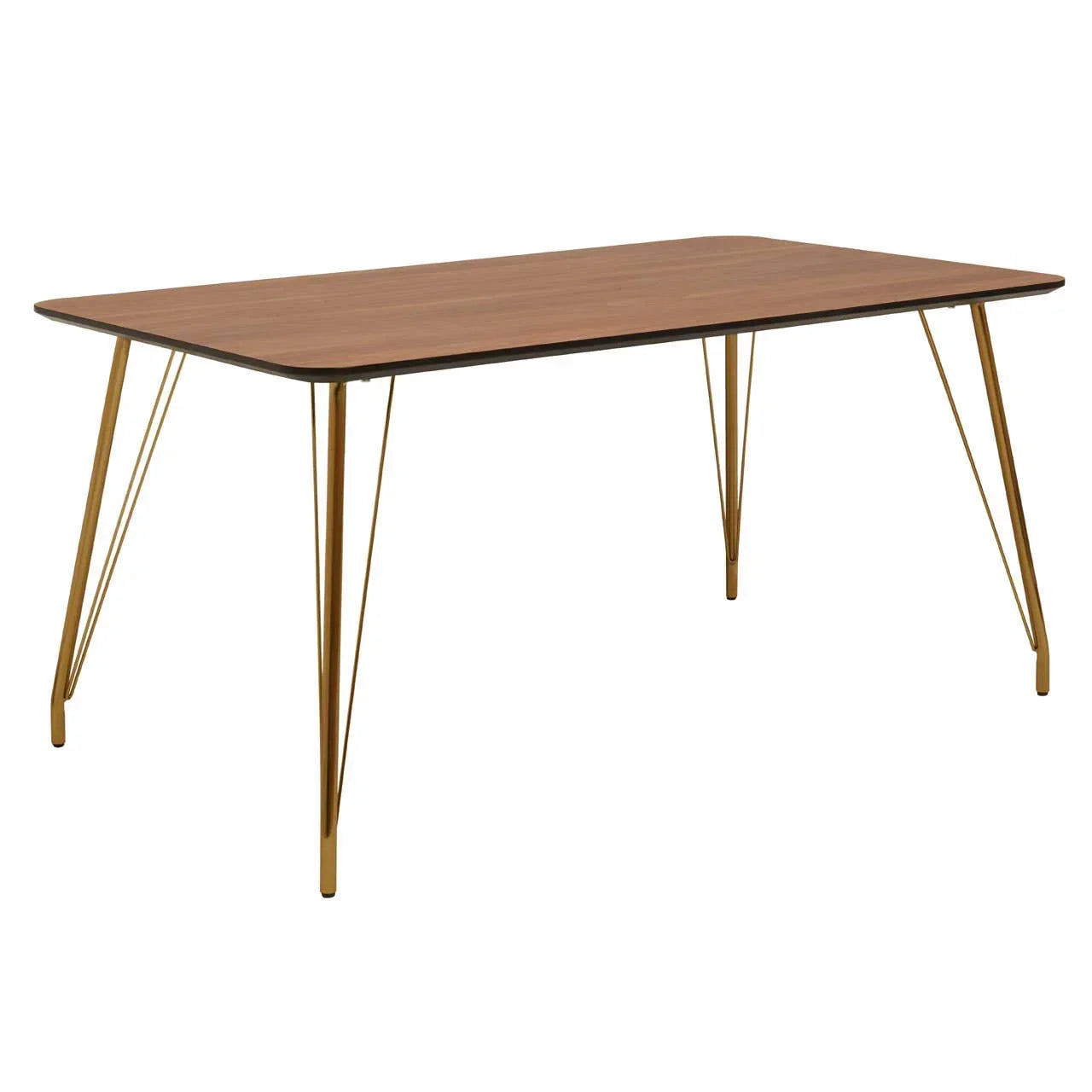 Rectangular dining table with wood top and gold metal legs, angled front view