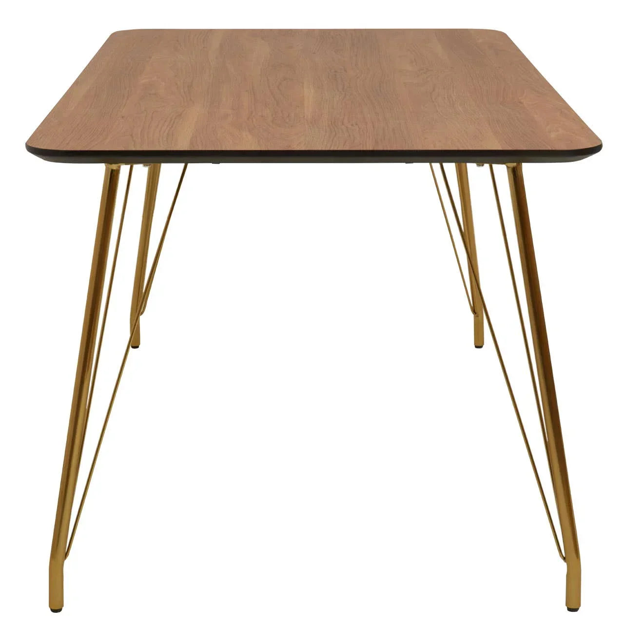 Rectangular wooden dining table with gold metal legs, front view