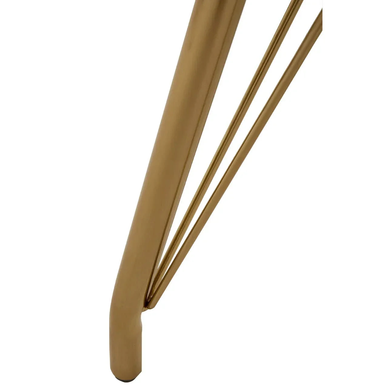 gold metal table leg with angled support bars, close-up of furniture base design