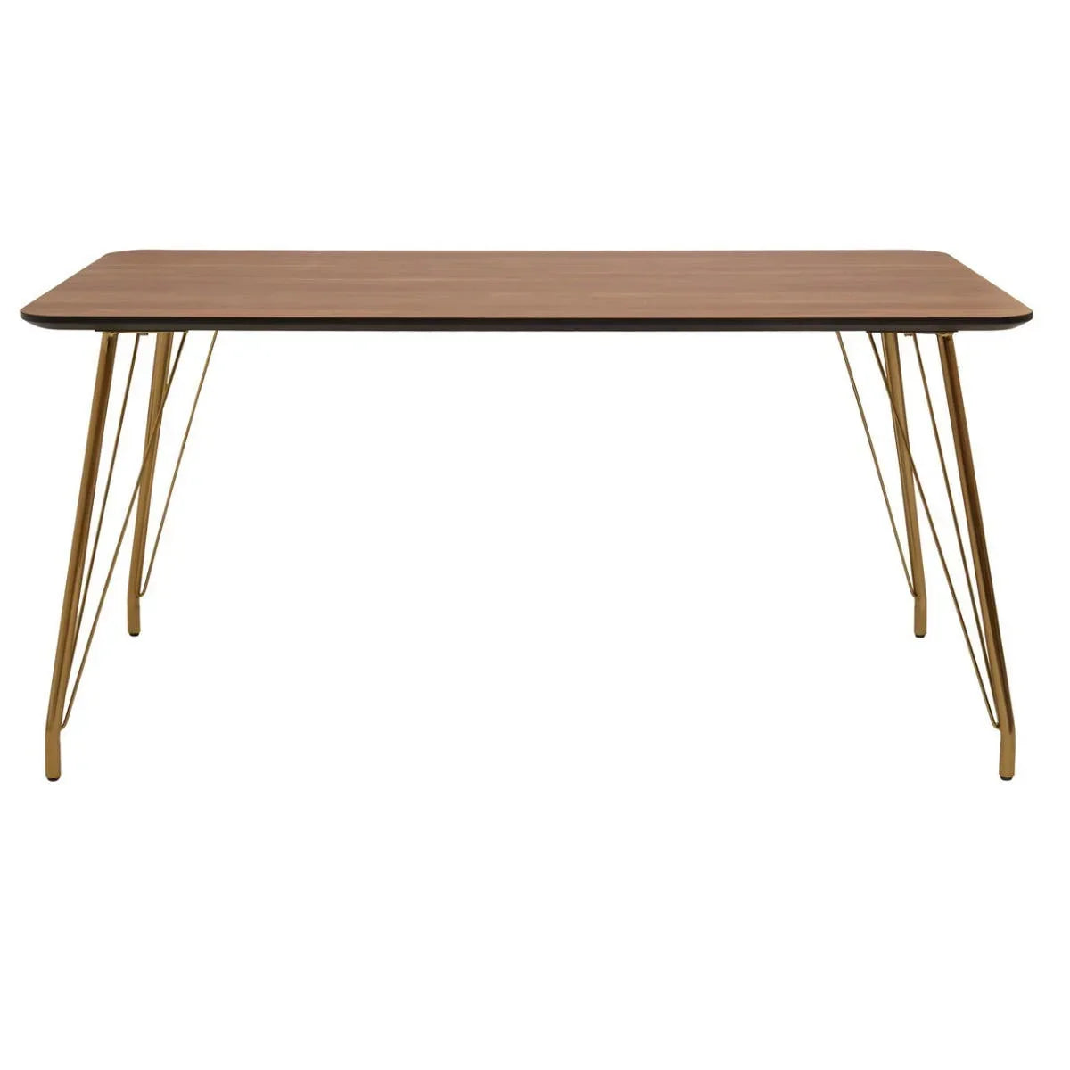 Rectangular wooden dining table with gold metal hairpin legs, front view