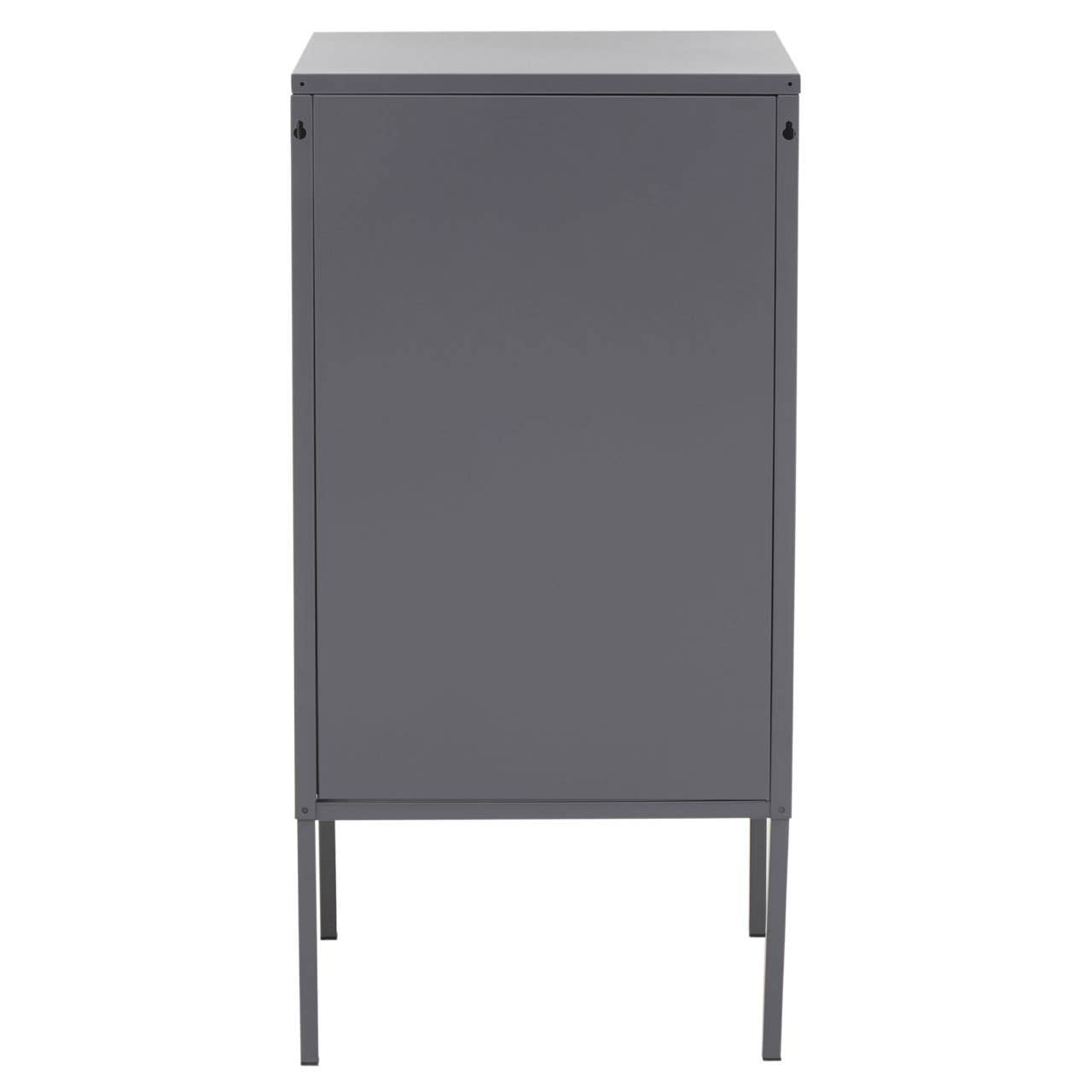 Grey one-door locker cabinet with a sleek design and metal legs, featuring a smooth surface and minimalist style, suitable for home or office storage