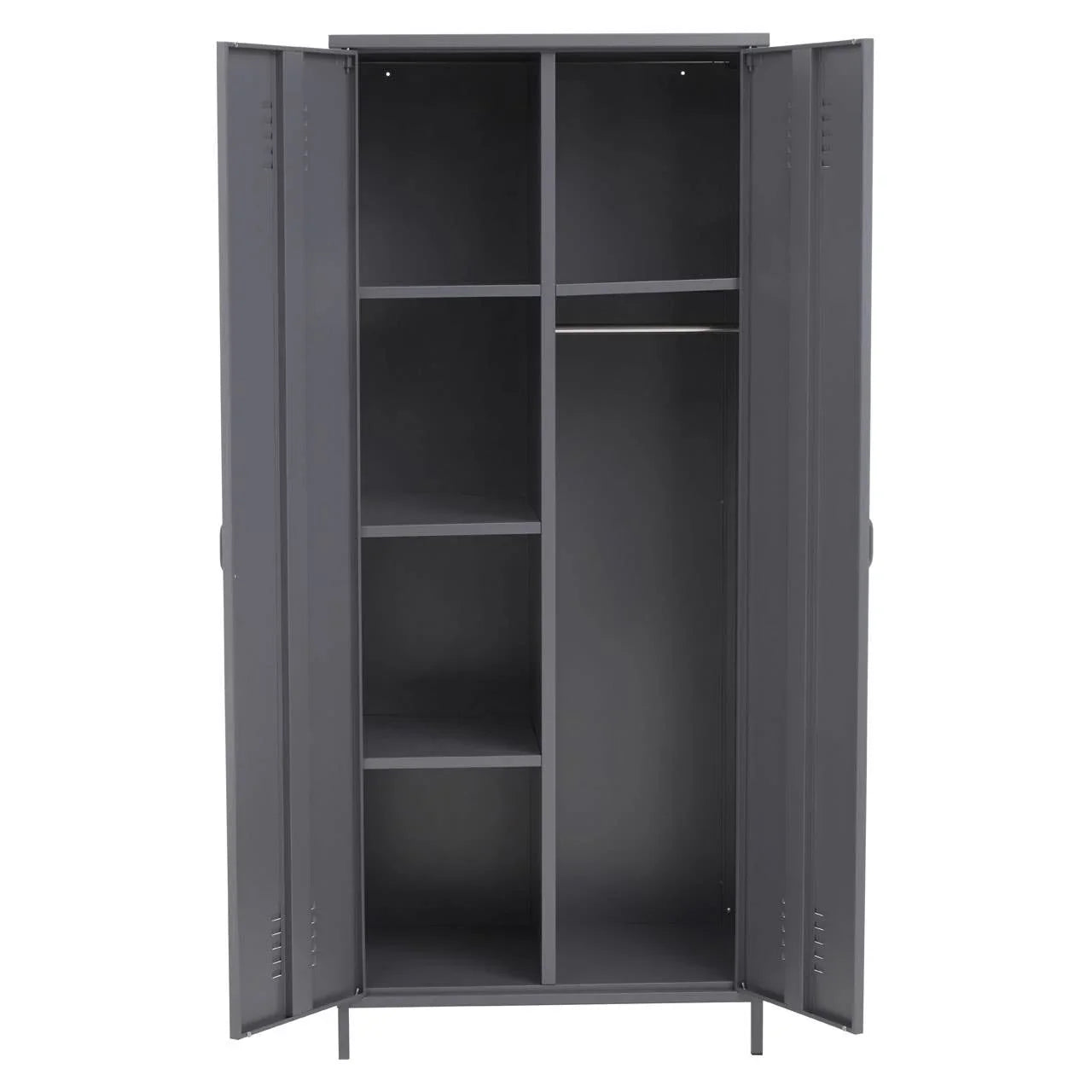 Grey metal wardrobe with two open doors, multiple shelves and hanging rail visible