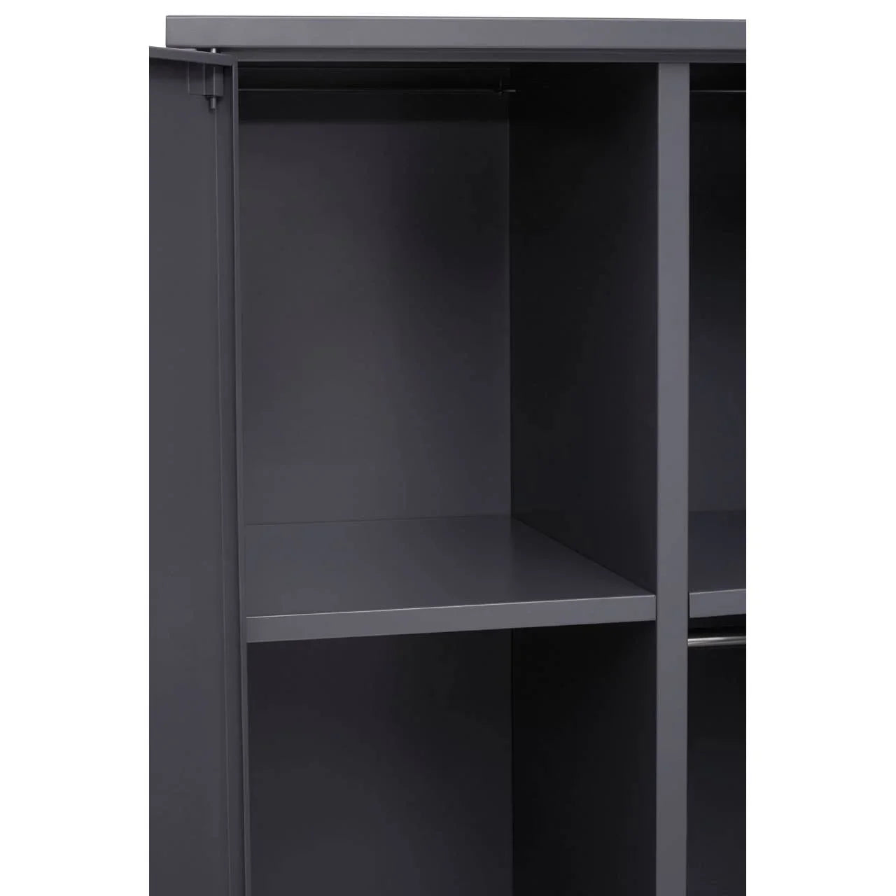 Dark grey wardrobe unit with hanging rail and shelf interior, open side view