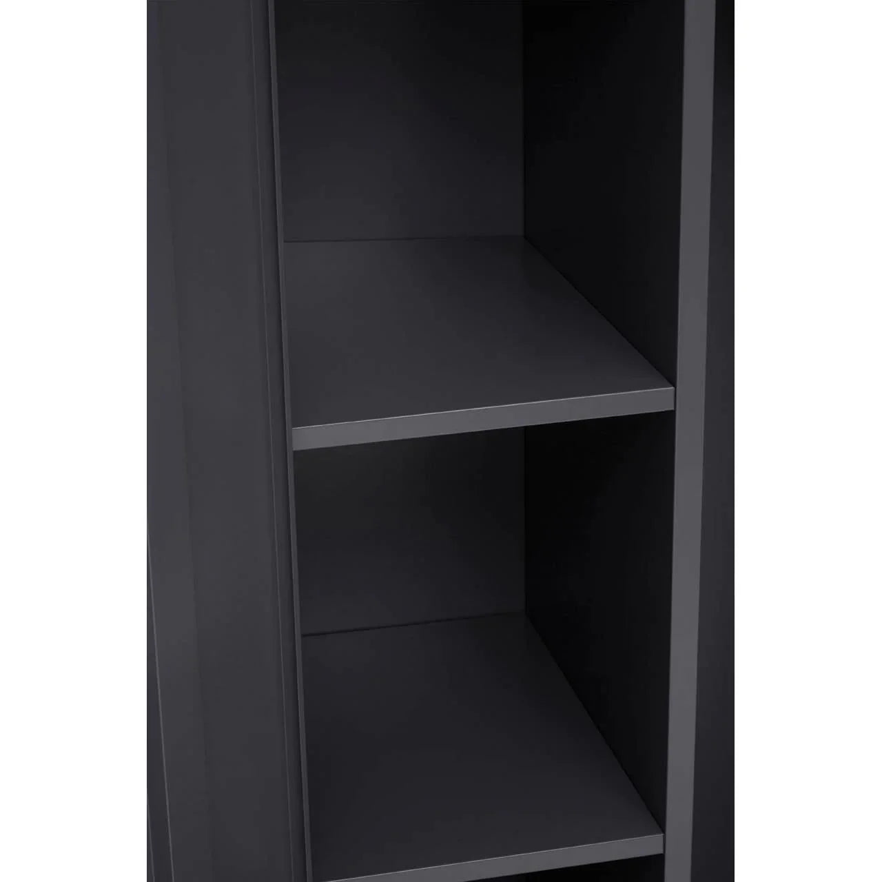 Close-up of dark grey shelving unit with two visible shelves and smooth finish