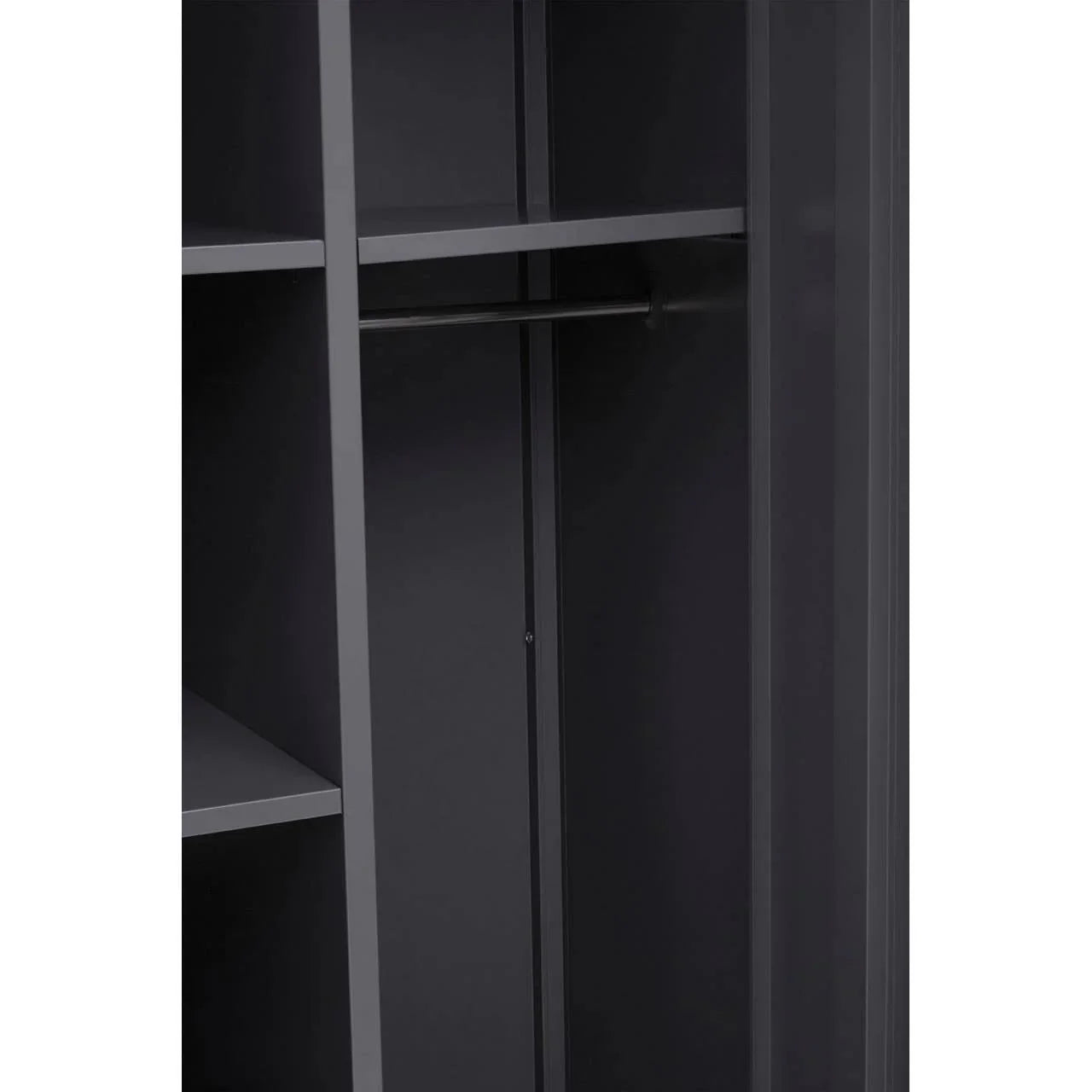 Close view of black wardrobe interior with hanging rail and shelving compartments