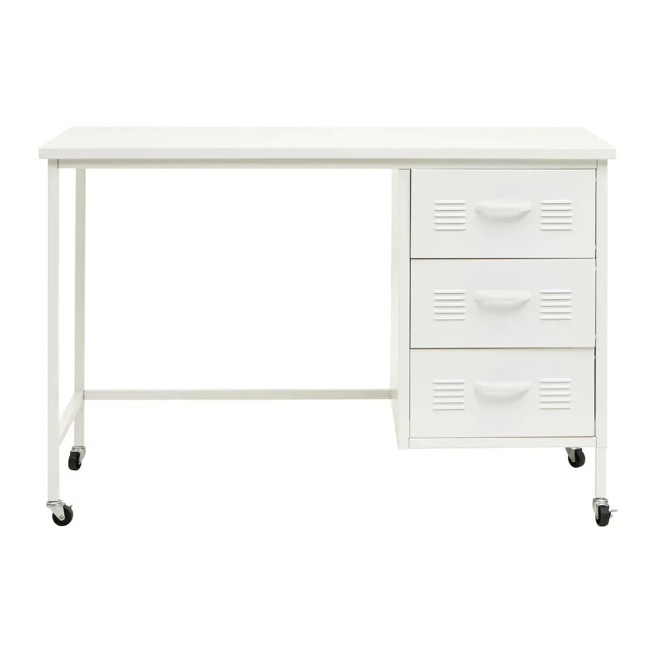 White metal office desk with three drawers and caster wheels, front view