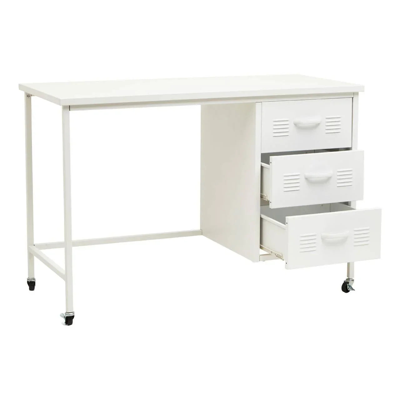 White metal office desk with three open storage drawers and casters on legs