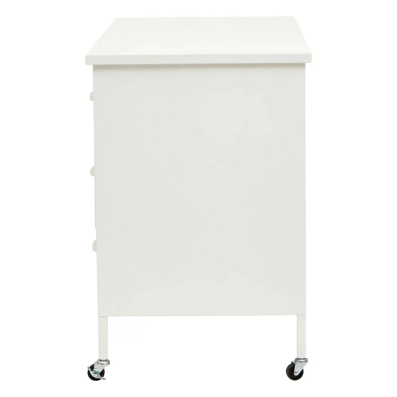 White storage cabinet side view with caster wheels