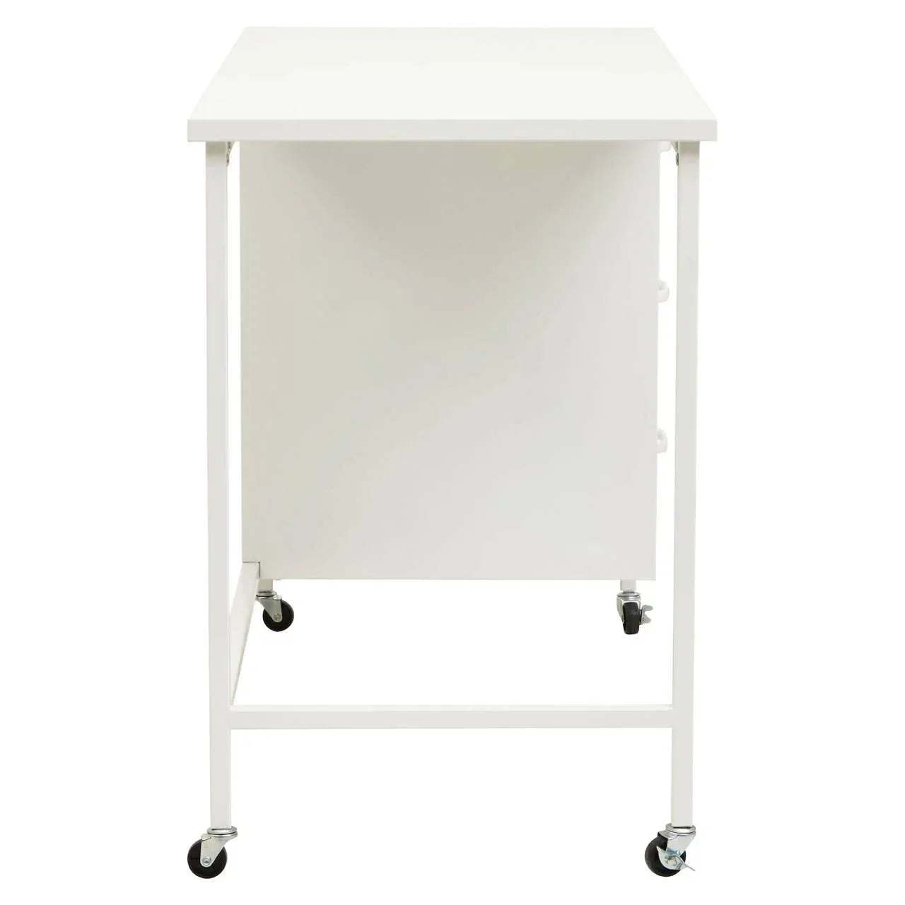 White mobile desk with metal frame and locking castor wheels, side view