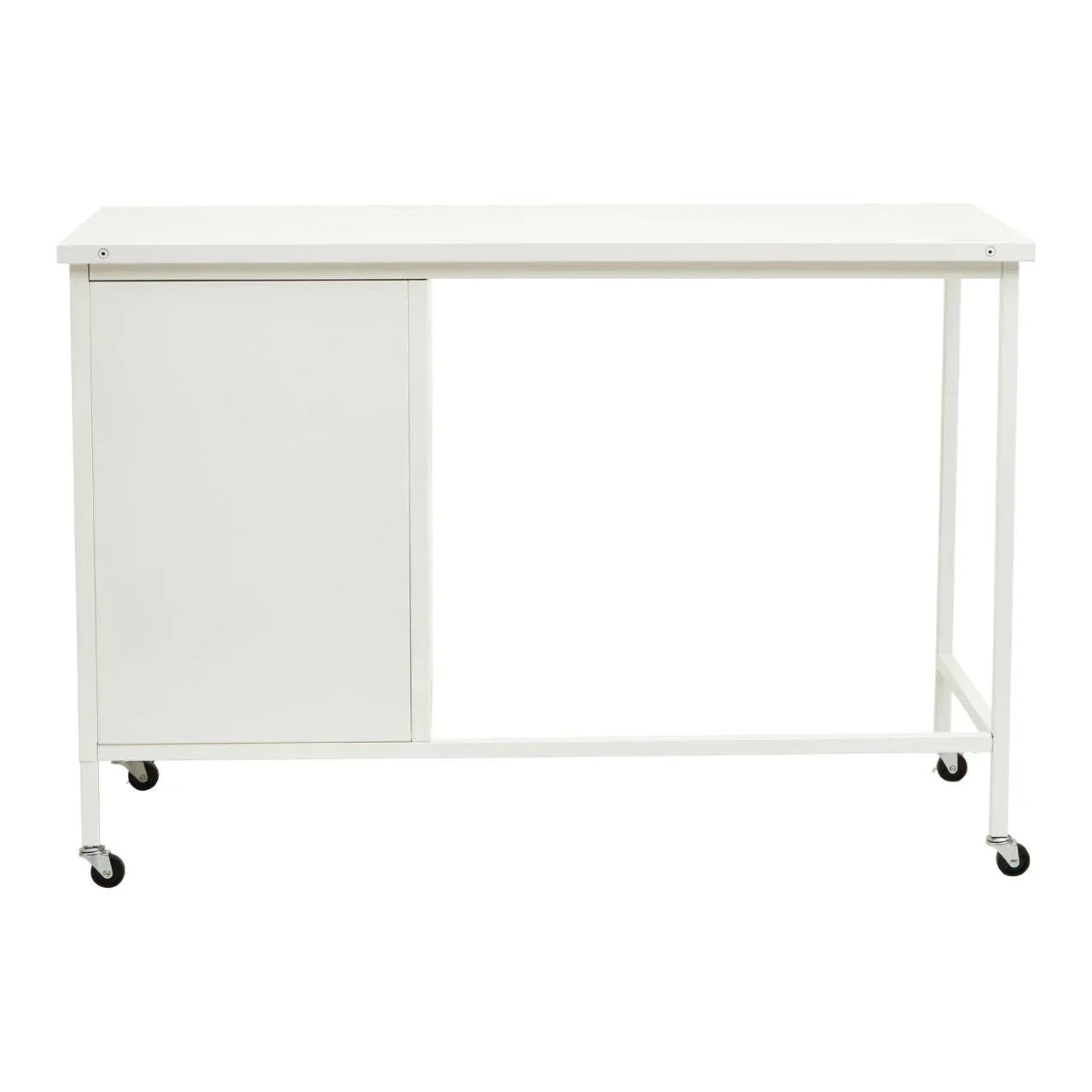 White metal desk with storage cabinet and caster wheels, front view