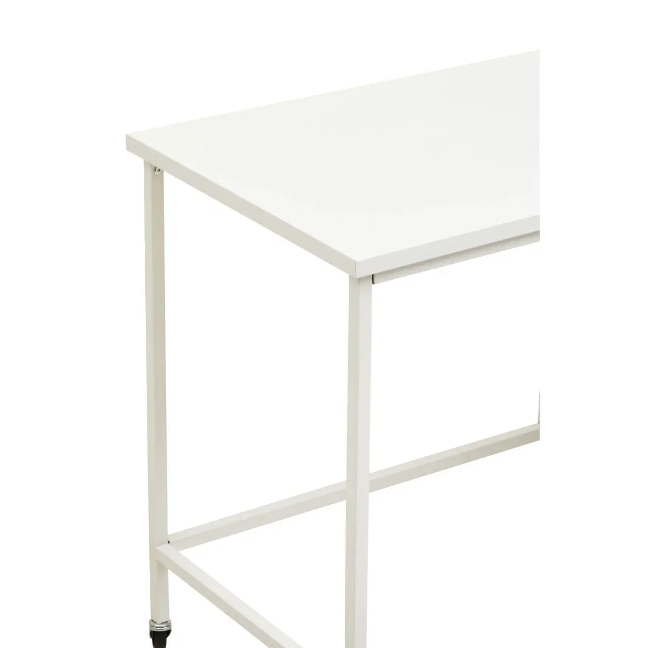 White metal frame desk with rectangular tabletop, corner angle showing legs and support bar